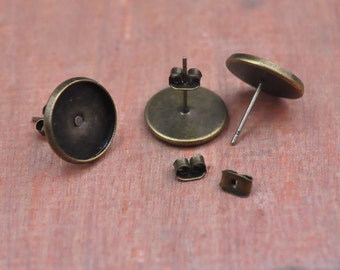 50pcs Earring blanks,Earring Studs Back Stopper earnuts with 12mm Pads,Antique Bronze Ear Post Blank Cabochon Setting