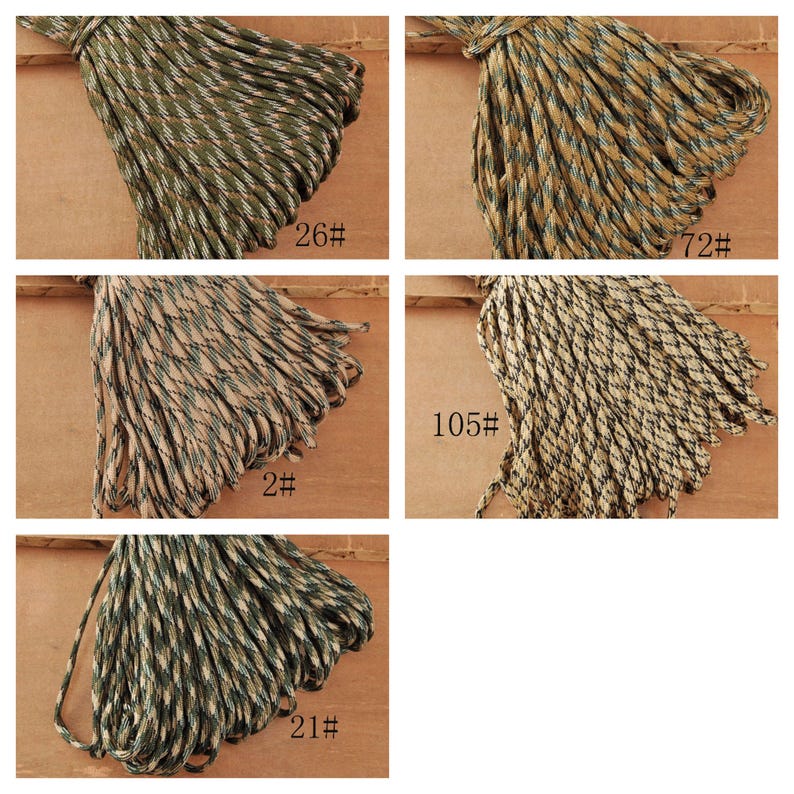 May include: A collection of five bundles of camouflage paracord rope in various color combinations. Each bundle is labeled with a number. The colors include shades of green, brown, tan, and black, creating a textured appearance.