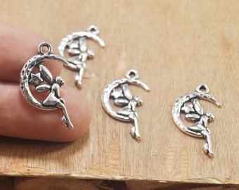 12pcs Silver Fairy Sitting on the Moon Charms,Fairy Moon Charms Antique Silver Tone Delicate and Beautiful 16x22mm