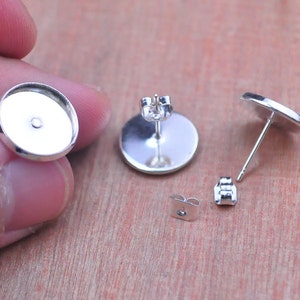 50 pcs Earring Posts, Silver plated Earring Post Blanks with12mm round pad,Silver Cameo Base/blank Settings Jewelry Findings