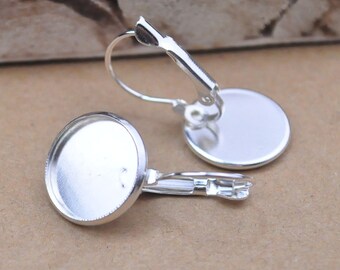 Earring Hook.50pcs 14mm Pad Silver Plated Round Cameo Cabochon Base Setting French Earwires Hook ,Cameo Settings,blank Settings.