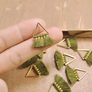 1 Pair Small triangle Tassels，Army green Tassel earring pendant, Cotton tassels in gold color triangle brass charm -- 20mm--FF3-44#