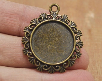 10pcs Antique Bronze Border Round Base Setting Tray Bezel Pendant Charm,Round Filigree Framed Cabochon Settings--20mm