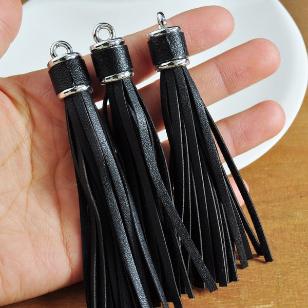 3.93" Lenght Tassels,1-100Pcs Black Leather Tassel,Keychain Tassel, Bag Keyring,PU Tassel Pendant,Silver Cap,Bag Accessory,Jewelry Tassels