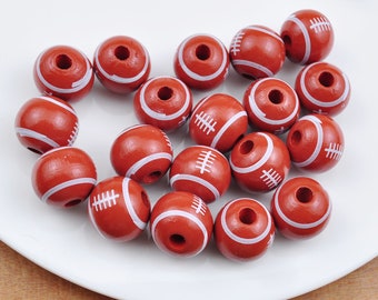 10 Stück + American Football Perlen, 16mm runde Rugby-Druck-Holzperlen, braune Fußball-Perlen, Schlüsselanhänger-Perlen, DIY-Perlen, Schmuckherstellung