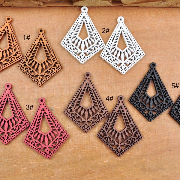 10-100 Small Rhombus Filigree Wooden Earring Charms,Brown/White/Wine Red/Coffee/Black Painted Wood Earring Pendant,Wholesale Wood Jewelrys
