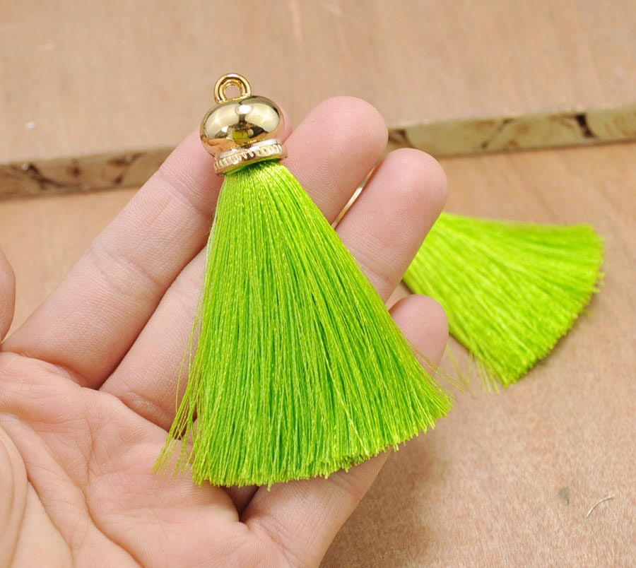 10Pc 2.75 lime green color silk tassels with gold Etsy