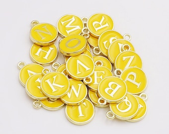 10 Pick your letter,Yellow color-26 Alphabet Letters round tag charm Enamel Initial Charms,gold tone,Letter Charms,Alphabet Charms,two sided