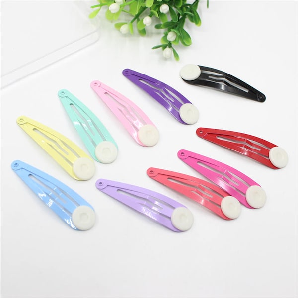 25Pcs 2 « Blank Barrette Snap Clips avec tampons de colle, 10 pinces à cheveux de couleur, forme de goutte de larme, accessoire de cheveux - 50mm