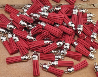 38mm(1.5") Faux Leather Tassels,50pcs Red mini tassel craft,silver cap suede tassels charm pendant,fringe tassels,jewelry tassels --F2EL03