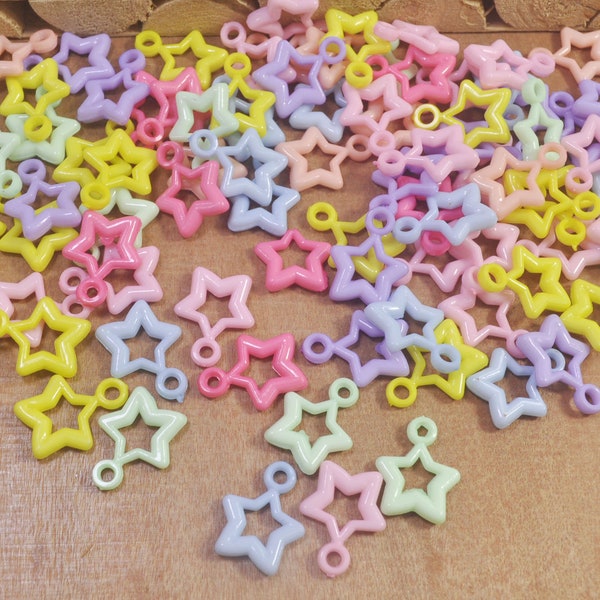 Plastic Star Charms,100Pcs Mixed Color Acrylic Beads,Candy Pastel acrylic Stars beads,Spring Jewelry Supplies -- 16x21mm