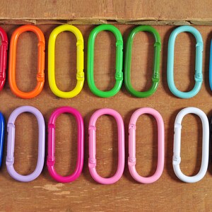 May include: A set of 12 colorful oval-shaped metal keychains. The keychains are arranged in a rainbow pattern, with each keychain a different color. The keychains are all the same size and shape.