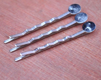 Silver Bobby Pin Blanks,50pcs Silver metal hair clips with 8mm Round Pad,DIY Jewelry Making 55mm.