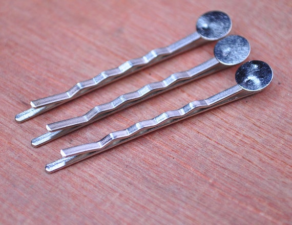 Silver Bobby Pin Blanks 100pcs Silver metal hair clips with 8mm Round Pad DIY Jewelry Making 55mm