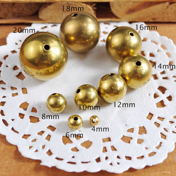 10Pcs 4mm / 6mm / 8mm / 10mm / 12mm / 14mm / 16mm / 18mm / 20mm Perles rondes en laiton brut, perles de boule en métal, perles d’espacement Découvertes pour la fabrication de bijoux DIY