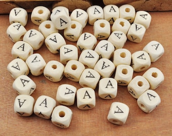 100/200 cuentas de madera con forma de letra A, cuentas de madera, alfabeto natural/cuentas de madera con forma de letra en forma de cubo, cuentas de palabras de 10 x 10 mm (3/8" x 3/8").