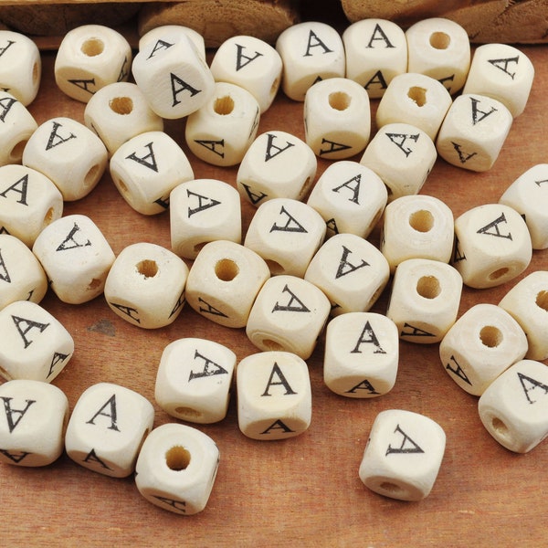 100 pièces/200 pièces lettre A en bois, perles en bois, alphabet naturel/lettres cubiques, perles en bois, mots 10 x 10 mm (3/8 po. x 3/8 po.)