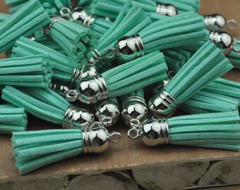 Fringe Tassel Pendant--50pcs of Aqua Colors Imitation Leather Tassel with Silver Caps Bag Charms Pendant 38x10mm--F2EL23