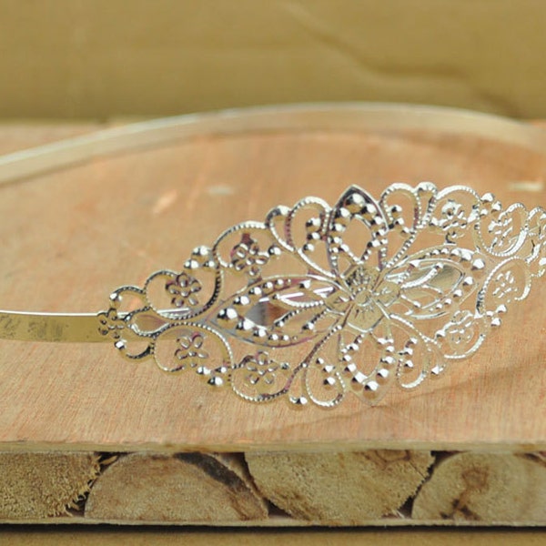 Silver Filigree Foliage metal hair Headband--4pcs Wholesale Adjustable Silver Filigree Flower Headband Hair Band Charms 35x80mm