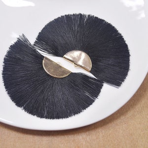 2 Pieces Large Fan Tassels on Gold Brass Findings,Black Silk Tassel, Tassel for earrings or pendants--75X40mm--FF20#