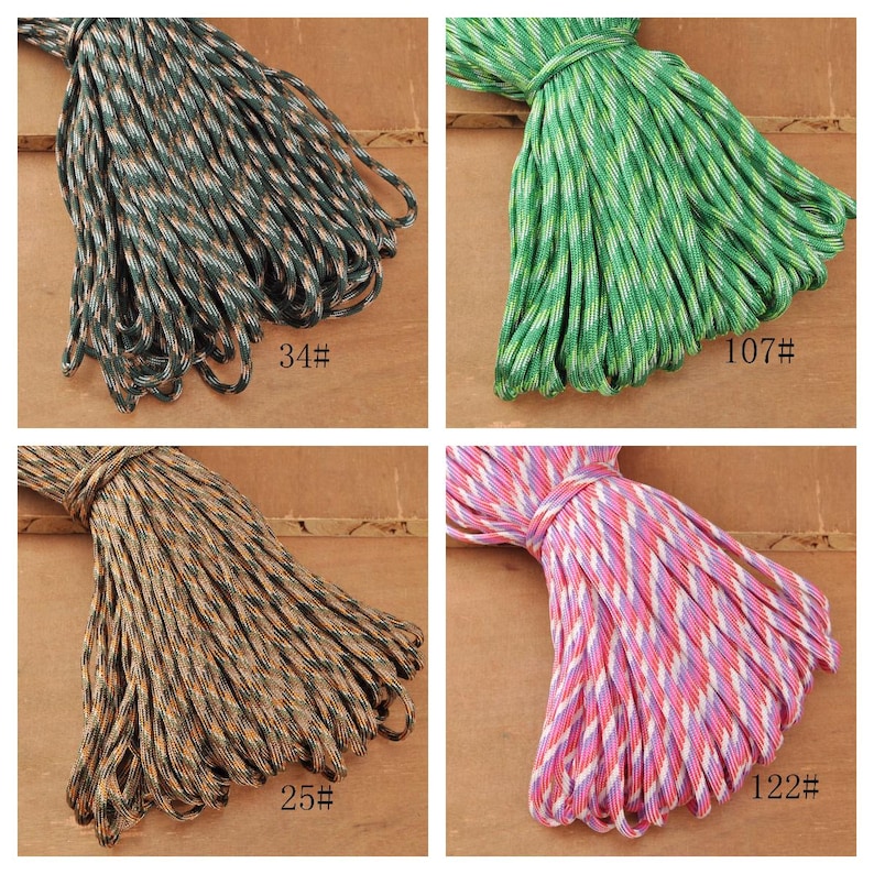 May include: Four bundles of colorful rope. Top left is dark green and brown, labeled 34#. Top right is green and white, labeled 107#. Bottom left is brown and tan, labeled 25#. Bottom right is pink, white, and purple, labeled 122#.