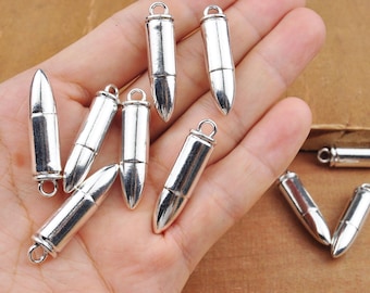 5pcs Antique Silver Bullet Charms Pendants,Men's Bullet Jewelry Charms,Hanging Bullet Pendant,3D ,Charms For Necklace-- 35x8mm