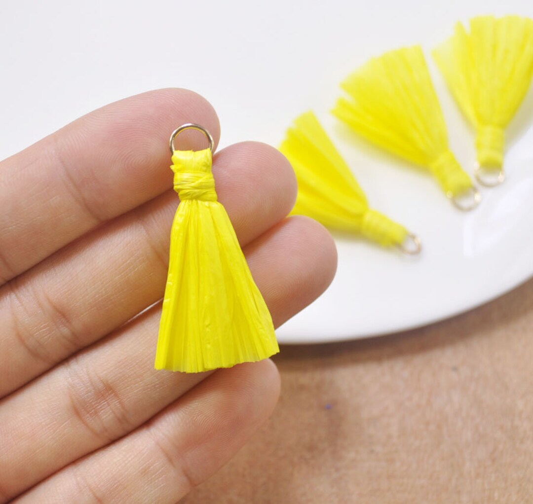10pcs Tassel Pendant, Yellow Raffia Tassel With Gold Ring, Tassels for
