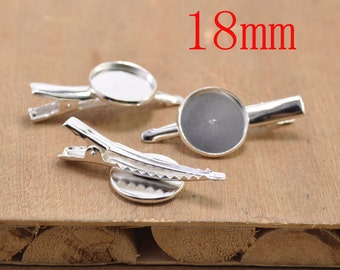 20pcs Silver cameo base setting Hair Clip with Round Glue Pad Tray for Cabochon,Hair clip barrettes, Fiting 18mm round glass