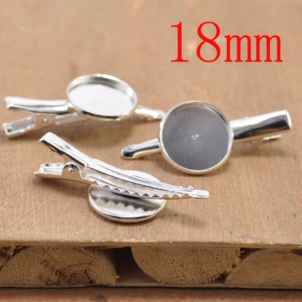 20 pièces pince à cheveux de réglage de base de camée en argent avec plateau de tampon de colle rond pour cabochon, barrettes de pince à cheveux, verre rond de 18mm