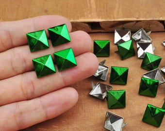 Metal Studs,50/100 Bright Green Square Metal Pyramid Studs for Clothing Shoes Bags Purses Leathercraft Decoration,DIY 12x12mm
