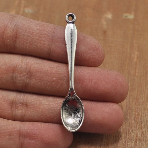 20pcs Spoon charms,Large Silver Spoon 3D Silver Spoon metal Pendant Charms-- 11x55mm.