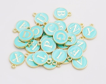 10 Pick your letter,Aqua color-26 Alphabet Letters round tag charm Enamel Initial Charms,gold tone,Letter Charms,Alphabet Charms,two sided