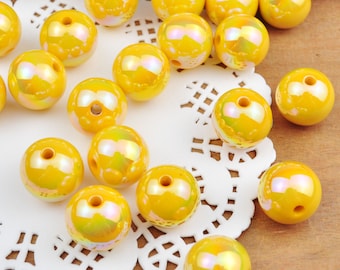10pcs/lot 16mm Yellow AB Round Beads, Iridescent Acrylic Gumball Beads, Round Spacer Beads,Bubblegum Beads,Plastic Round Bead，Jewelry