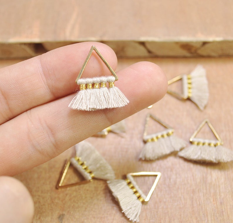 Cotton tassels in gold color triangle brass charm 20mm--FF3-51# 1 Pair Small triangle Tassels\uff0cBeige Tassel earring pendant