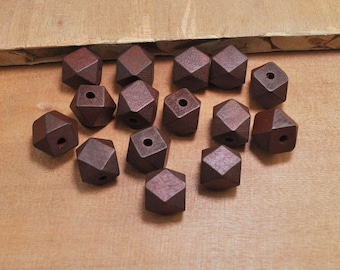 50pcs Coffee Wood Beads, Polygonal 15mm Hand painted Beads, Make jewellery for selling, 14 Hedron Geometric Natural Wood Beads.