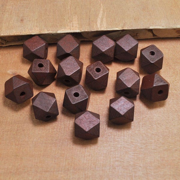 50pcs Coffee Wood Beads,Polygonal 15mm Hand painted Beads, Make jewellery for selling,14 Hedron Geometric Natural Wood Beads.