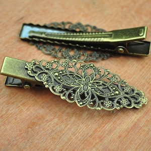 Handmade French Barrette Antique Bronze filigree flower Hair Clip,20pcs bronze flat Hair Clips,Tray Metal Alligator Clips--56x21mm.