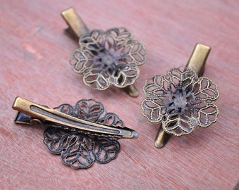 Hair clip Brooch,Alligator Clips,Hair Clip,50PC Antique bronze hair pins round filigree flower 43MM,