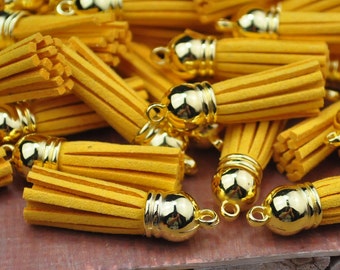 20pcs golden yellow Tassel Pendant with Gold Top, Fringe Tassel,Faux Leather,Tassel charm pendant --38x10mm.