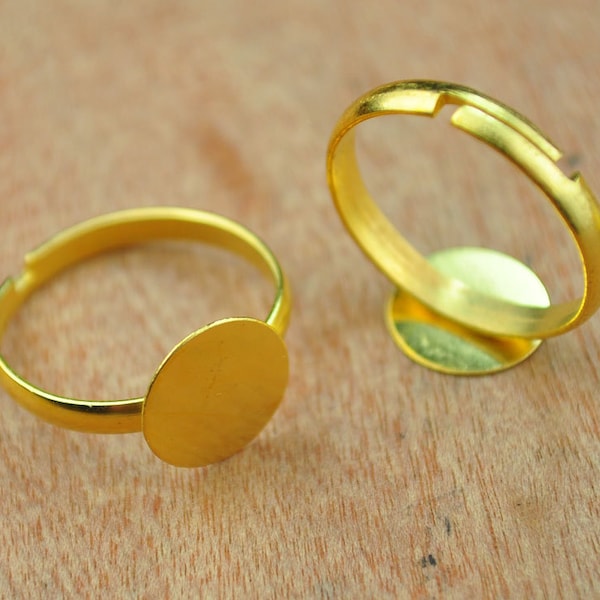 Ring,Gold Plated Ring Blanks Adjustable Ring Blanks, 10mm Round Pad 20 pieces Blank Rings for Flowers.