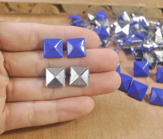 Metal Studs,50/100 Blue Square Metal Pyramid Studs for Clothing Shoes Bags  Purses Leathercraft Decoration,DIY 12x12mm