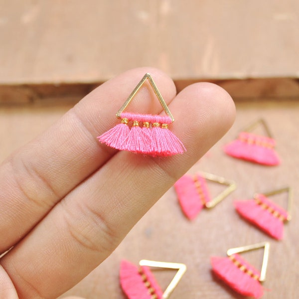 1 Pair Small triangle Tassels，Bright pink Tassel earring pendant, Cotton tassels in gold color triangle brass charm -- 20mm--FF3-3#