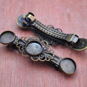 Hair Clip Blank,5pcs Antique Bronze round filigree flower frame Hair Clips French Barrette with 14mm/16mm Cameo Setting