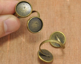 10pcs Vintage Antique Bronze Double 12mm Round Cameo Settings Tray DIY Ring Supplies Findings