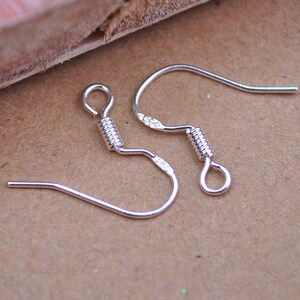Puede incluir: Dos ganchos para pendientes de plata con cierre de resorte. Los ganchos son de metal y tienen un acabado brillante.