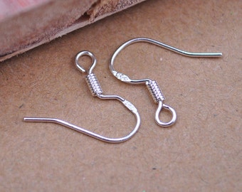 100 pieces 925 Sterling Silver plated Ear Wires earrings copper ear hooks,French hook ear wires with coil stamped wholesale lot--15mm.