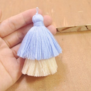 2Pcs Tiered Tassels,Large Two Layer Tassel,Light blue & Cream Cotton Tassel，Thick Handmade Cotton Tassel for Earring/Necklace Making--FF18#