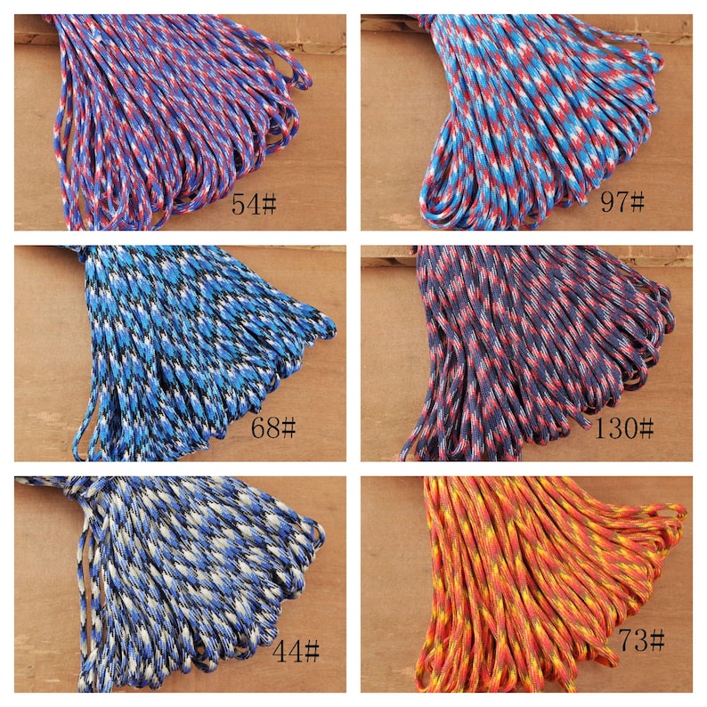 May include: A collage of six bundles of colorful paracord. The cords are in various patterns and colors, including red, blue, white, and yellow. Each bundle has a number label. The cords are tightly wound and appear to be new.