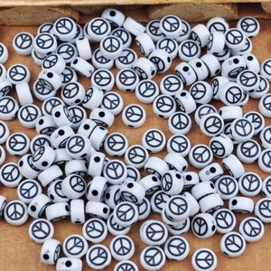 100Pcs Black Peace Sign beads,Acrylic Peace Sign beads, beads with Peace Sign,White Round Plastic Peace Sign charm, Spacer beads,7mm