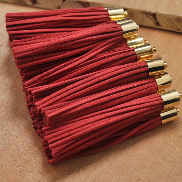 New tassels pendant,Gold plated Metal caps wholesale 50pcs Red color 80mm long suede leather tassel ears charms findings pendants